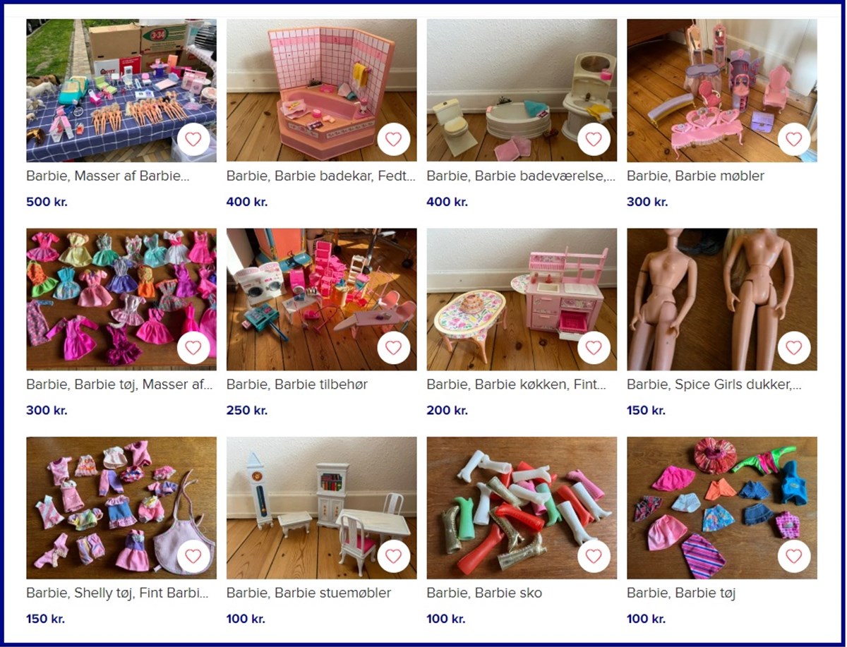 Her kan du se nogle af Nannas Barbie-annoncer på DBA. Hun har i skrivende stund 27 Barbie-ting til salg ud af de 146 ting, hun i alt håber at få afsat på den blå markedsplads