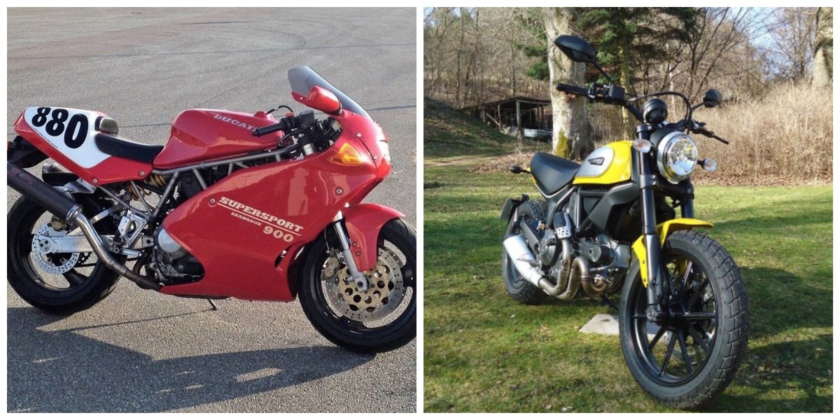 'Den er klar til en ny ejer, som kan overtage en flot, køreklar og særdeles velkørende Ducati-klassiker', sådan skriver Michael fra Odder om sin røde motorcykel, som kan ses til venstre i billedet. Til højre kan ses en Ducati Scrambler icon-motorcykel, som er sat til salg på DBA for 96.500 kroner