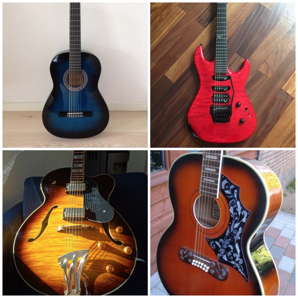 Her er fire billeder af guitarer, som alle er til salg - i skrivende stund - på DBA. Den mørkeblå er en akustisk guitar, som sælger vil have 375 kroner for, den røde elguitar koster 18.000 kroner på DBA, jazzguitaren i venstre hjørne er til salg for 3.000 kroner på DBA, mens du skal punge ud med 2.500 kroner for at få fat i den halvakustiske guitar, som du finder på billedet nedersr til højre