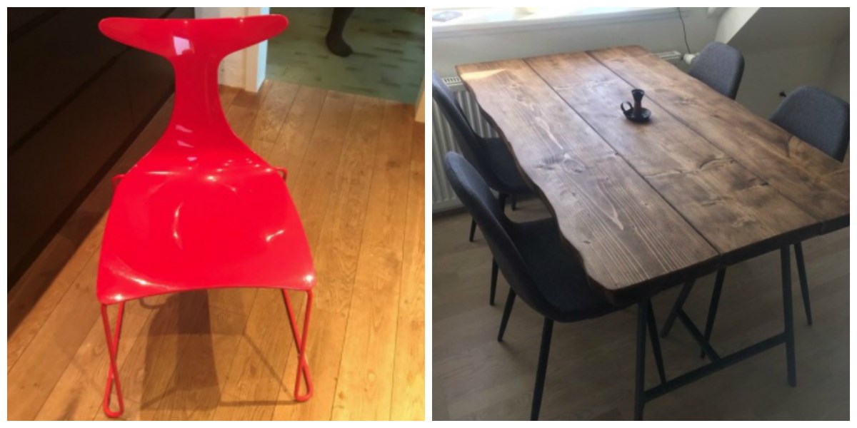 Den røde stol kan du netop nu købe for 1.600 kroner af Anders fra Ribe, mens plankebordet er sat til salg for 999 kroner og kan købes på Fyn