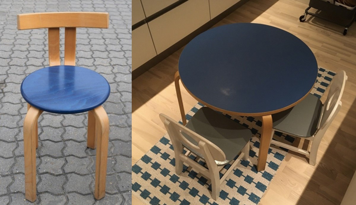 Leika-intuitionsstolen koster 120 kroner og kan hentes i Herning, mens de 2-Hukit stole og retrobordet med blå bordplade findes hos Mathilde i Humlebæk til 400 kroner