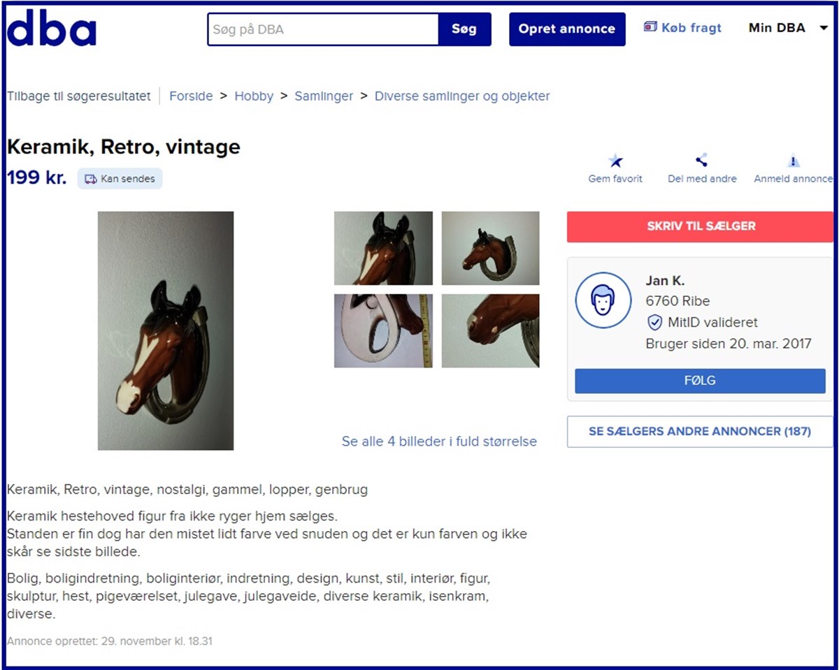 Jan fra Ribe sælger sit store keramik-hestehoved, der kan hænge på væggen som et jagttrofæ for 199 kroner 