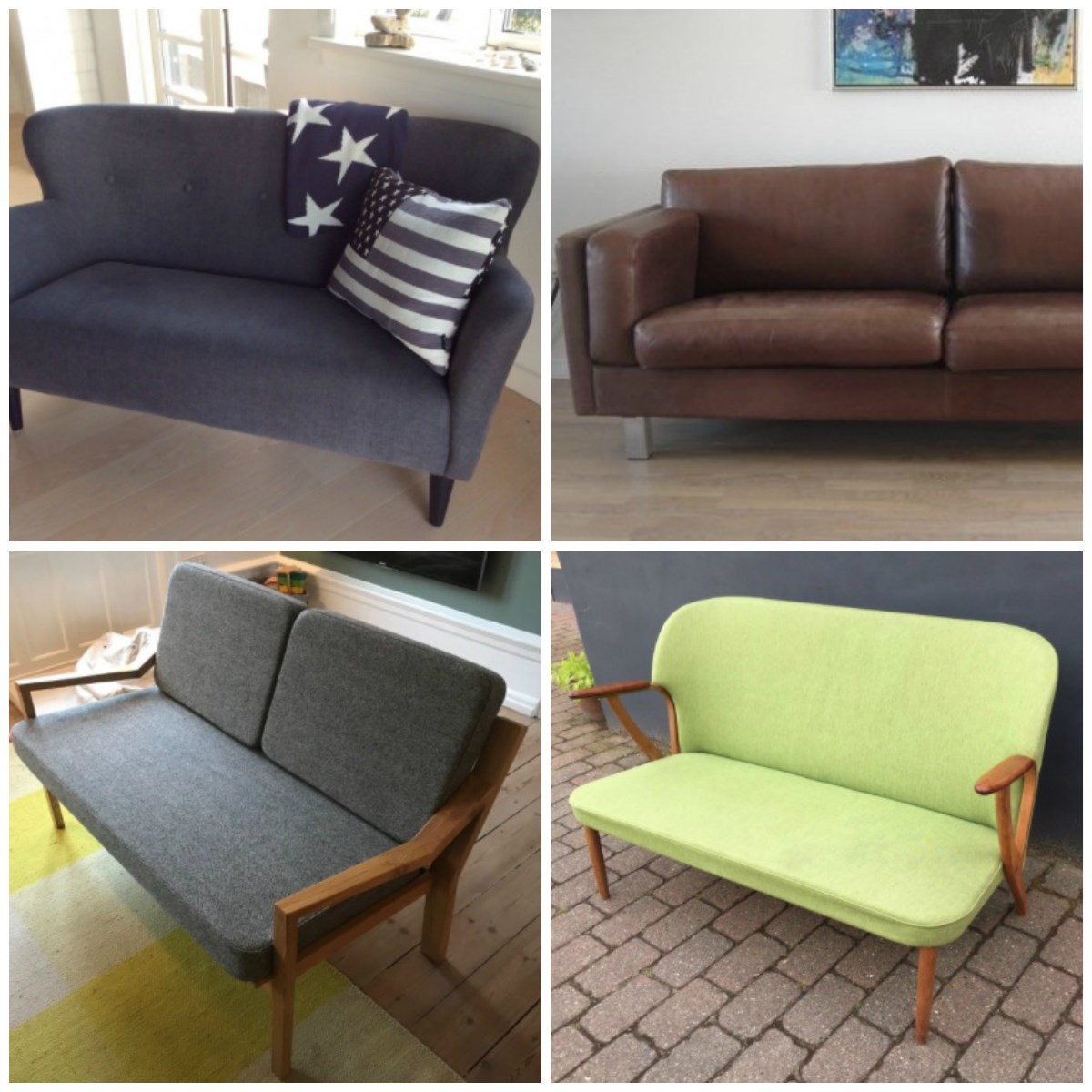 Her er fire designer-sofaer, som lige nu er til salg på DBA. Den mørkeblå er sat til salg af Camilla fra Jægerspris for 15.000 kroner. Det er en Wendelbo-sofa. Lædersofaen er en Morgens Hansen-sofa, som Brian fra Asaa har til salg for 9.000 kroner. Du skal punge ud med 4.000 kroner, hvis du vil have fat i den grå sofa, som Jonas fra Frederiksberg har til salg, mens den grønne ”kun” koster 3.800 kroner. Den har Nicole fra Randers valgt at sælge på DBA