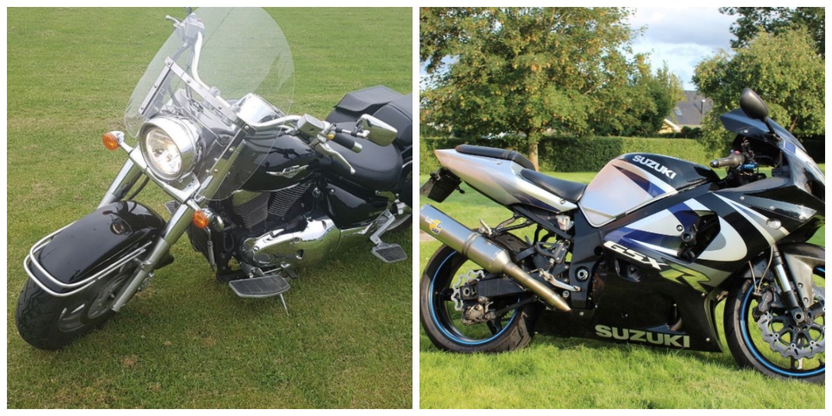 Her er nogle af de Suzuki-motorcykler, som netop nu er til salg på DBA. Den til venstre er sat til salg for 105.000 kroner af  Henrik fra Maribo, mens Kenny fra Horsens ejer motorcyklen til højre, som kan blive din for 59.900 kroner