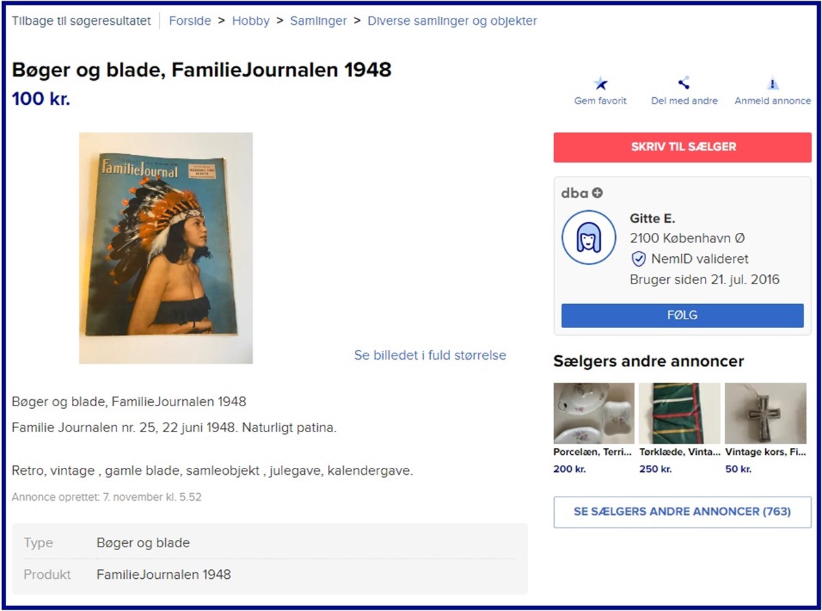 Gitte fra KBH Ø håber at sælge sit samler-eksemplar af Familiejournalen fra 22. juni 1948 til 100 kroner 
