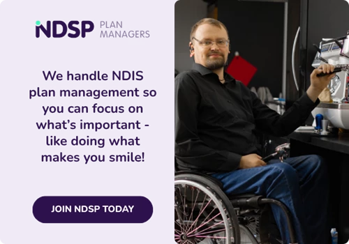 Clickable banner reads: We handle NDIS plan management so you can focus on what's important - like doing what makes you smile!