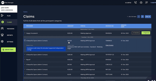 (An image of the client portal showing a list of claims for a participant)