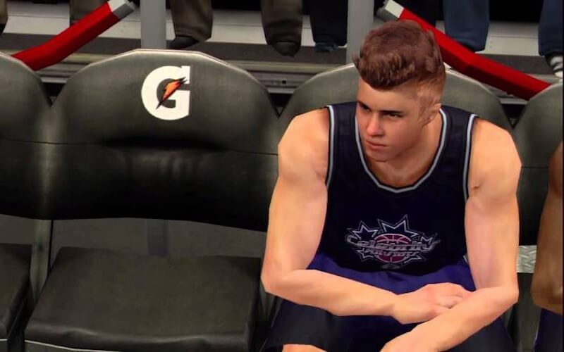 A screenshot of Justin Bieber's character in the video game NBA 2K13