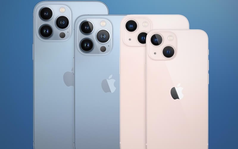 Rendered image of the iPhone 13 series, including the Pro Max, Pro, Mini and standard iPhone 13.