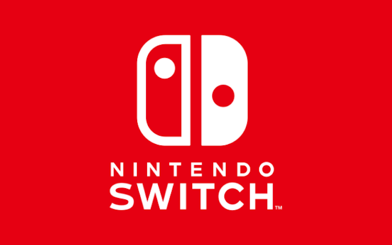The Nintendo Switch logo in white on a bright bred background