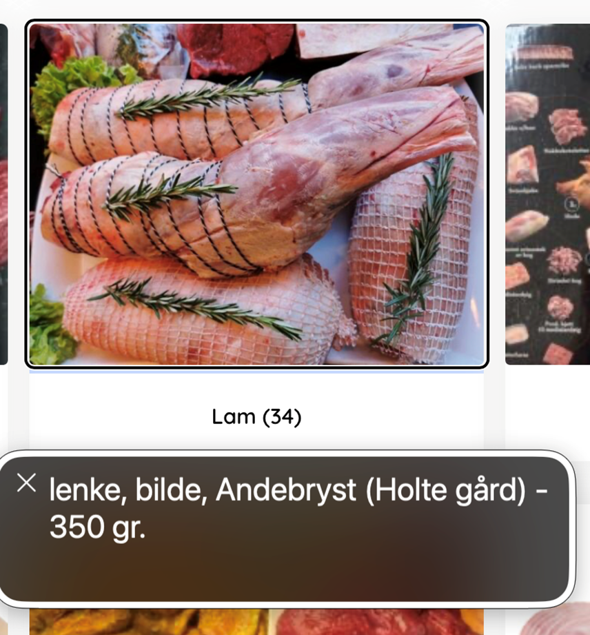 VoiceOver med fokus på et bilde av lammelår, alt-tekst sier dette er andebryst fra hote gård