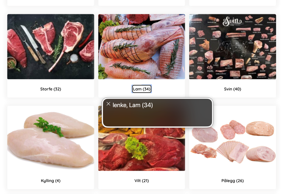 Vioceover med fokus på lam med tekst (34) bak seg, over er det et bilde av surrede lammelår med fersk rosmarin