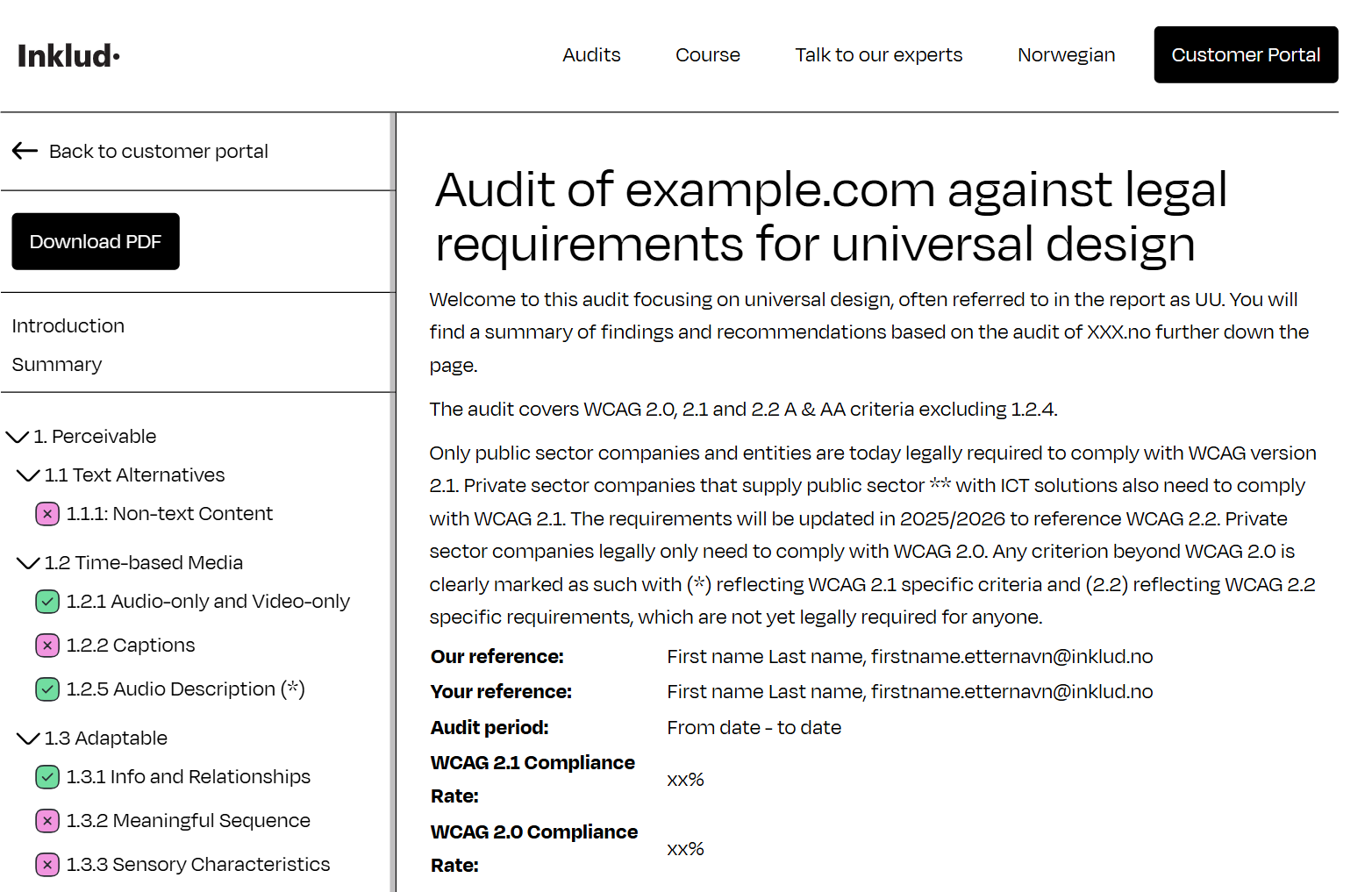 Screenshot of audit in customer portal of example.com, successcriterions are evaluated