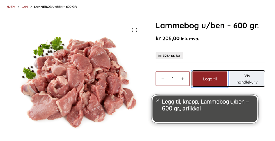 VoiceOver med fokus på legg til knapp for kjøp av lammebog, etter å ha klikket på knappen vises visuelt "Vis handlekurv" men skjermleseren får ingen beskjed om at noe har skjedd