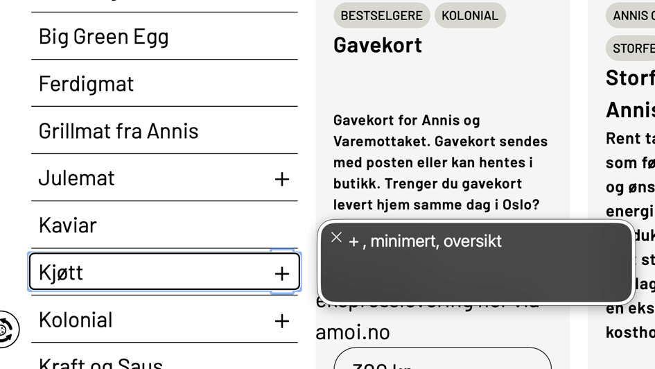 VoiceOver med fokus på "Kjøtt" i navigasjonsmeny, kun "+, minimert oversikt" annonseres"