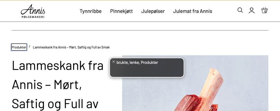Voiceover med fokus på "Produkter" i brødsmulesti på lammeskank siden