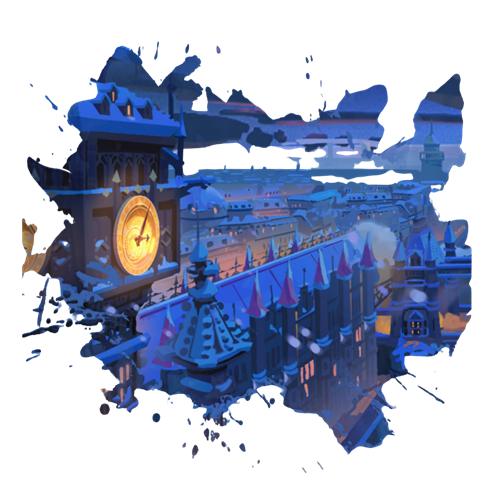 Illustration of an eagle eye view of London, featuring Big Ben's clock and buildings in the distance.