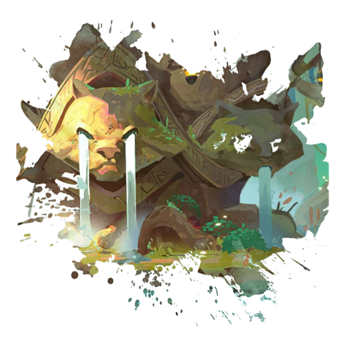 Illustration of a stone structure featuring two cat heads, with three waterfalls