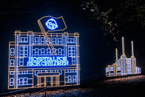 Image of an outdoor area with two buildings made from individuals lights. One of the buildings in the foreground has a flag with a GOSH Charity logo and Hospital for Sick Children text on the front.