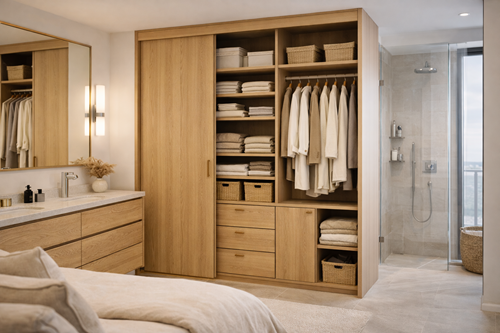 Moderne linnenkast met schuifdeuren in houtlook