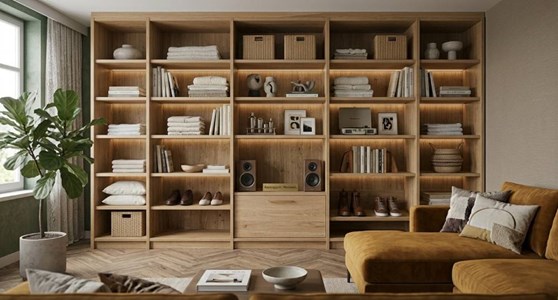 Houten stellingkast in de woonkamer