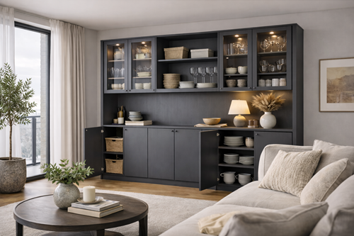 Grijze maatwerk buffetkast in de woonkamer
