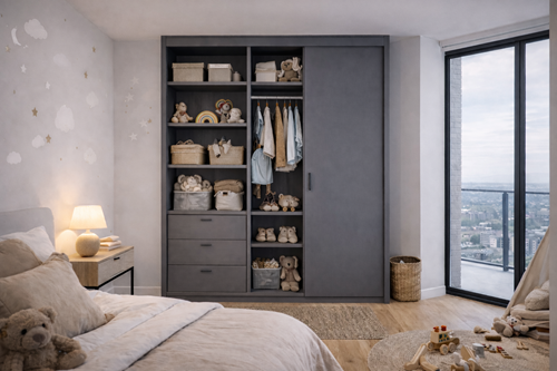 Moderne kledingkast kinderkamer in grijs