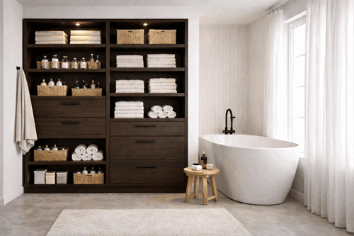 Donkere open badkamer kast