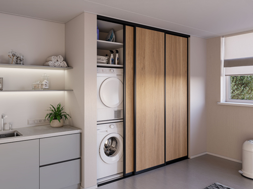 Houten wasmachine kast op maat met omlijste schuifdeuren