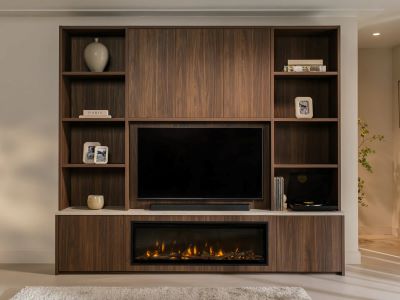 tv wand met kachel in donker hout dessin