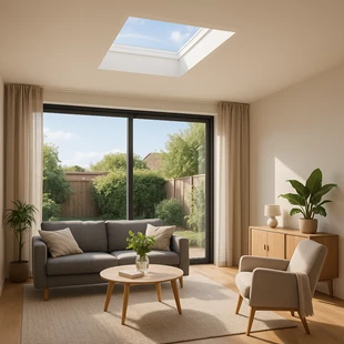 Vierkante woonkamer in moderne, lichte woonkamer