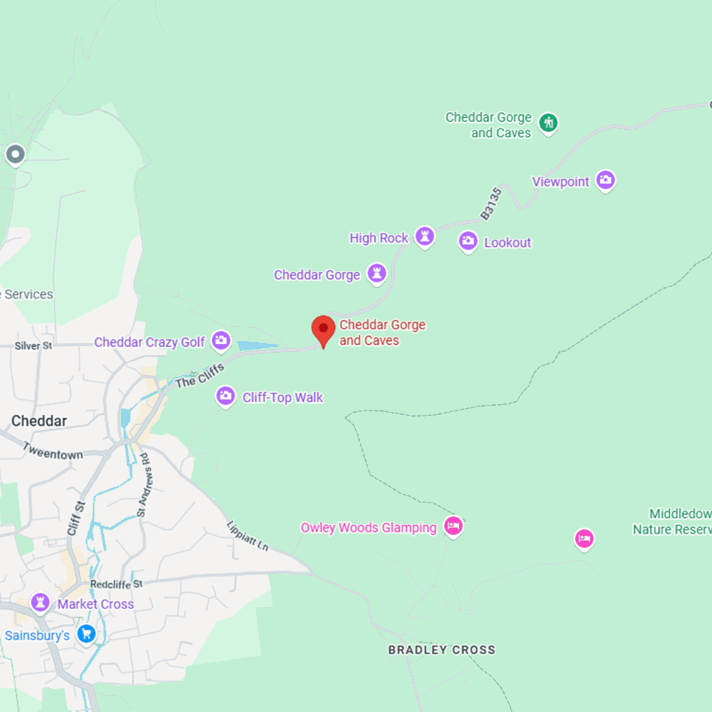 A section of a google map showing Cheddar Gorge & Caves