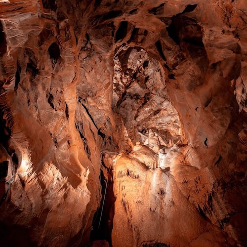 Inside gough's cave at cheddar gorge and caves lit to show interesting rock formations and stalactites 