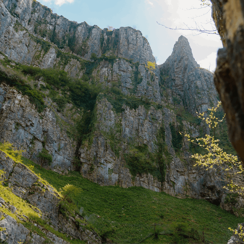 A look up at the unique structure of Cheddar Gorge with its impressive rock landscape
