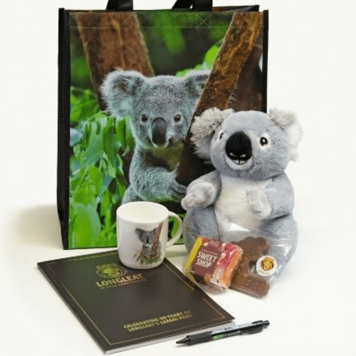 A selection of koala themed items include a bag, teddy bear and mug with other treats including sweets, pen and guide book.