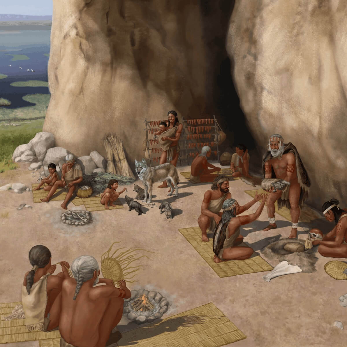 artists impression of what people and their settlement who lived in the caves might have looked like 14,300 years ago at goughs cave at cheddar gorge
