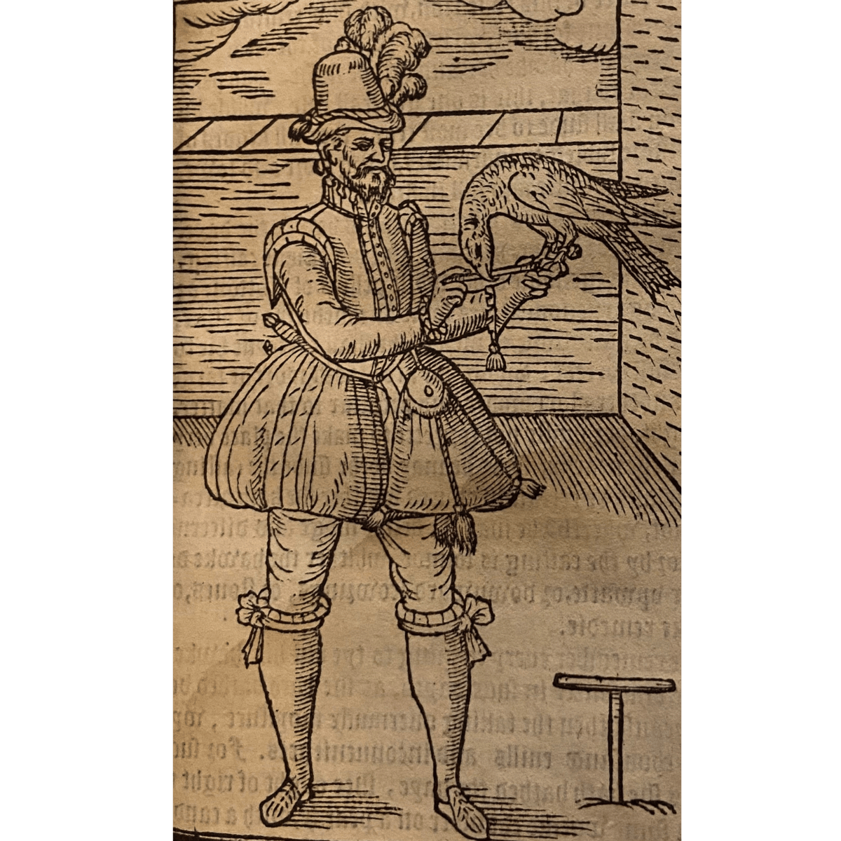 A drawing of a falconer with a bird of prey