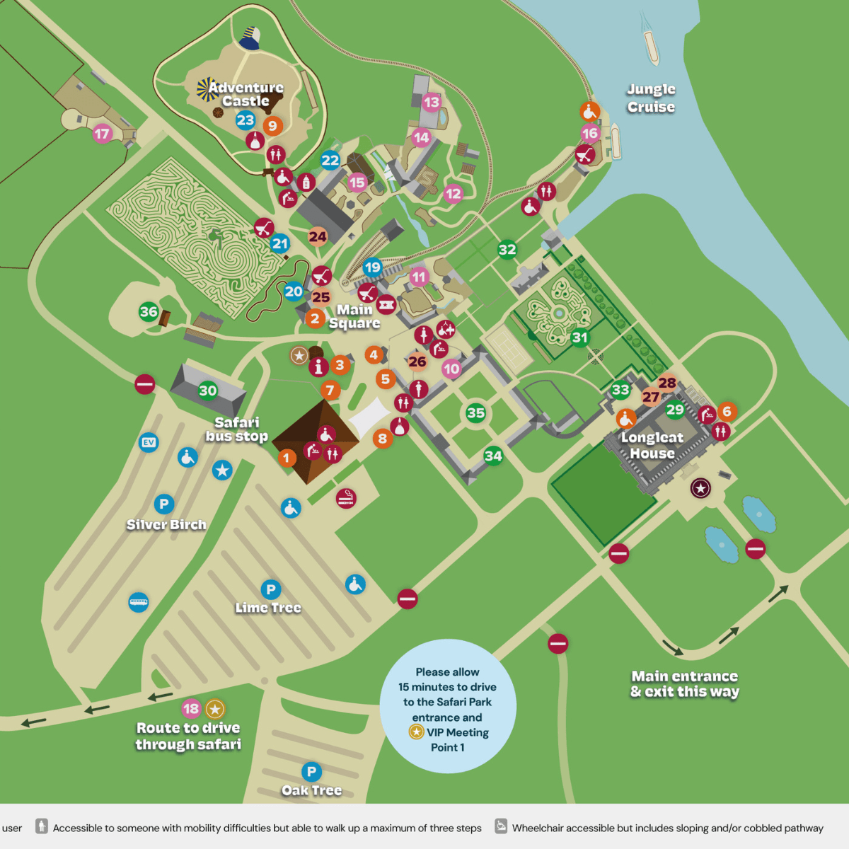 Park Map showing sensory provisions and advice across Longleat
