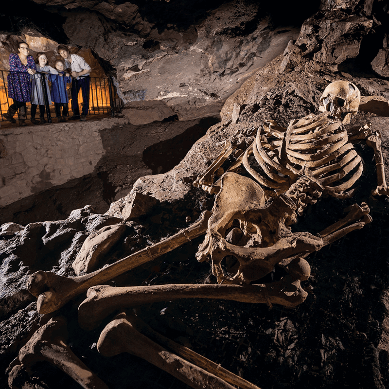 The replica skeleton of Cheddar man in Gough's Cave lays on the ground as a family looks on in interest