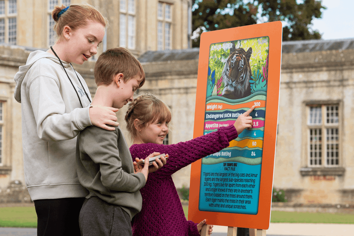 Young children looking at a giant Top Trumps card in front of Longleat House