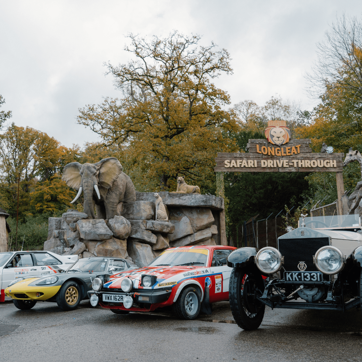 A range of classic, rally and vintage cars park in front of the Drive-Through Safari entrance to promote the Motor Show Weeekender