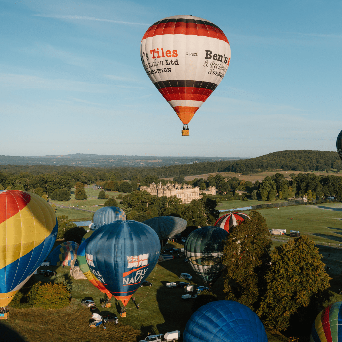A hot air balloon soars above Longleat House