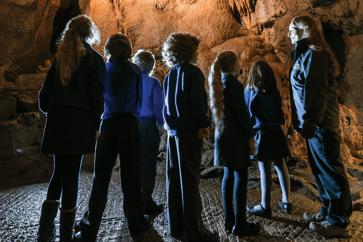 A group of students, with an education leader look up at the incredible rock formations in Gough's cave