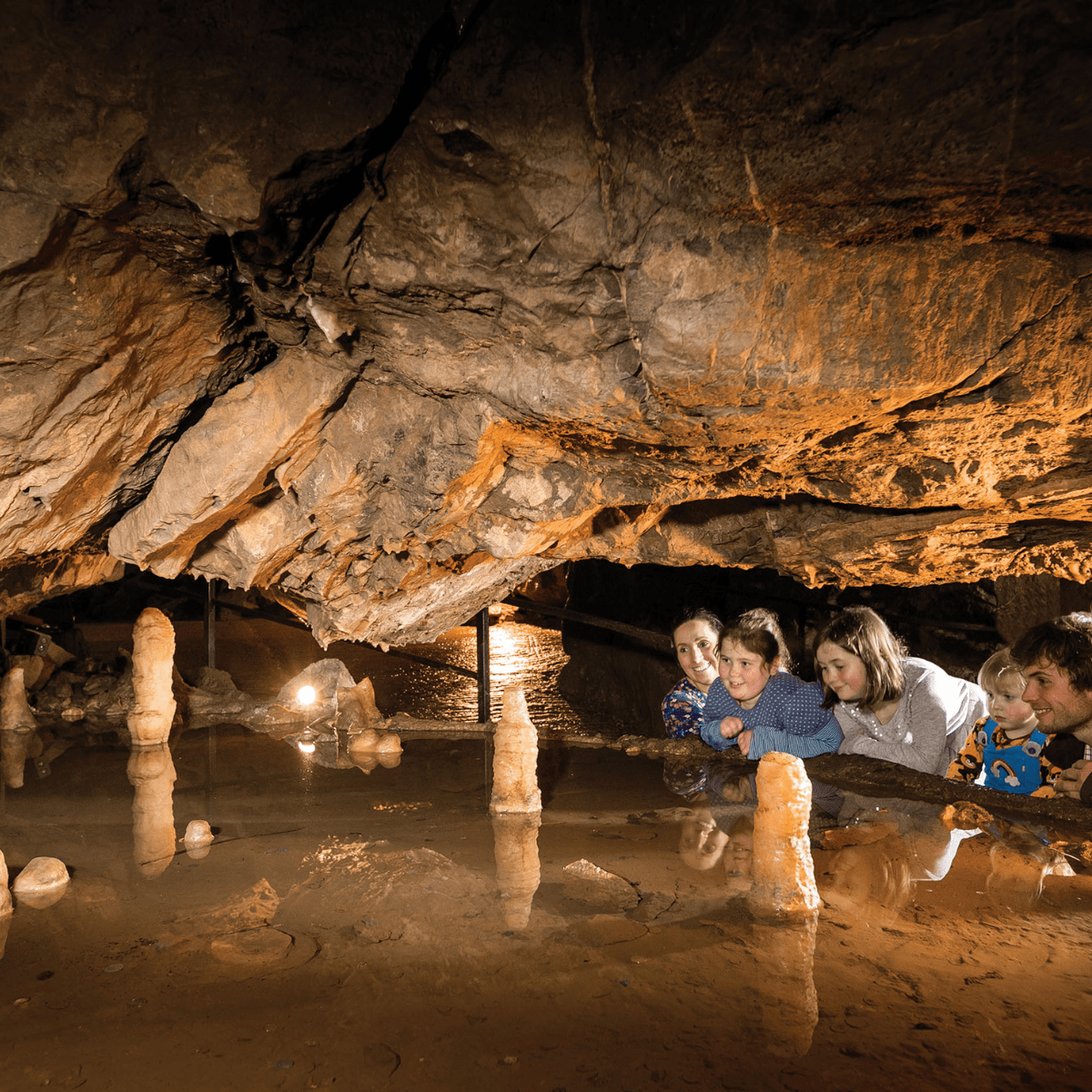 A young family peers into a section of Gough's cave with its impressive stalagmites 