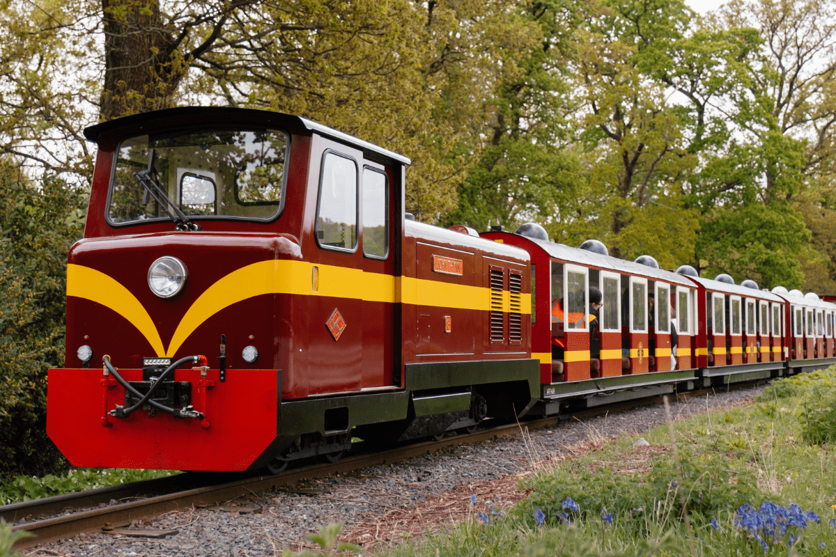 A red and yellow train on a miniature railway at Longleat