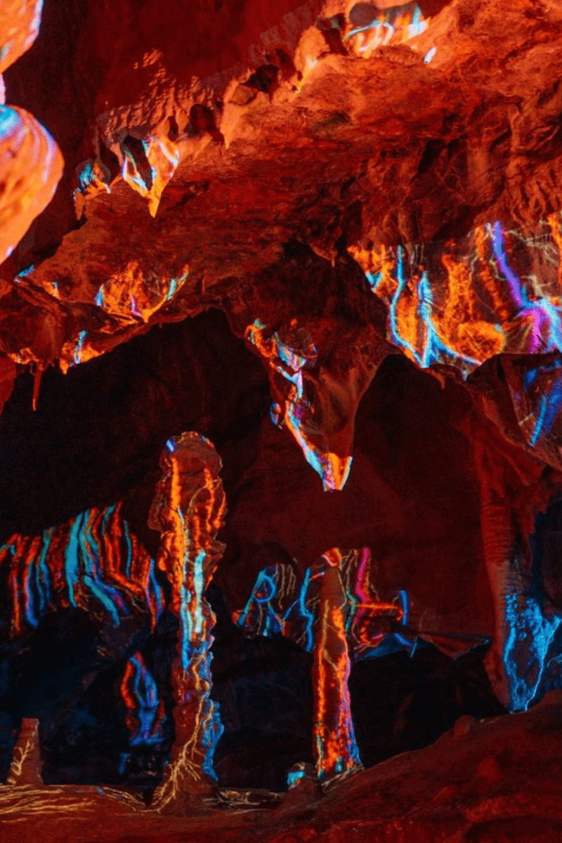 A glimpse inside Cox's cave with the impressive coloured light projections
