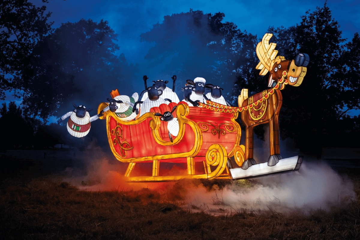 Shaun and friends in a sleigh being pulled by a reindeer