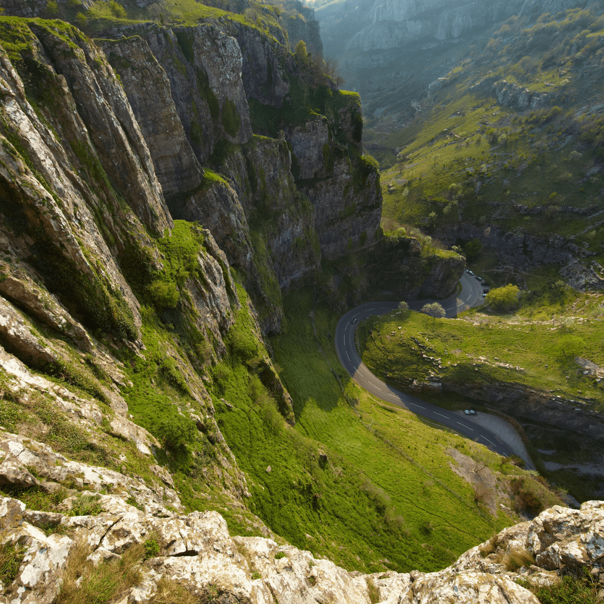 An ariel shot of Cheddar Gorge with its winding roads below