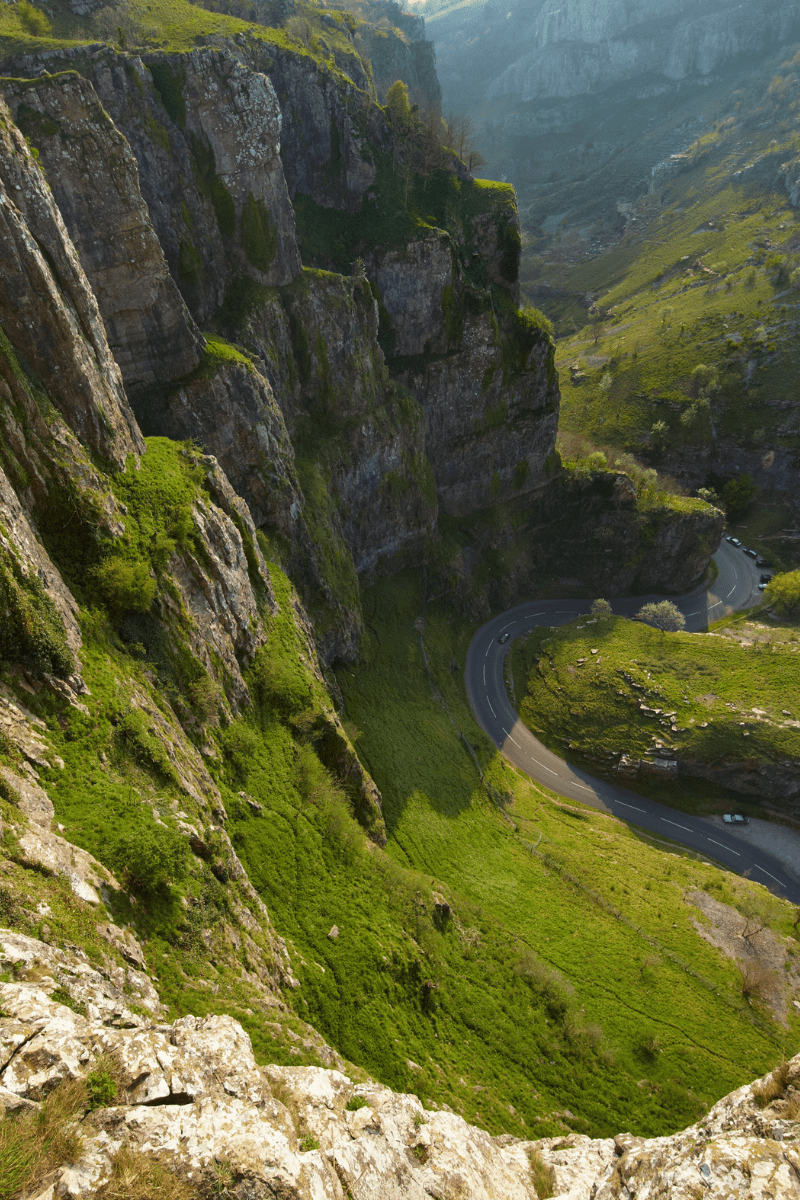 An ariel shot of Cheddar Gorge with its winding roads below