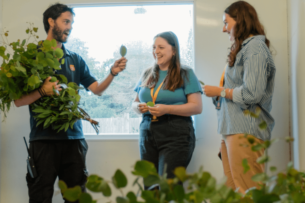 Two VIP guests laugh as an animal team member holds a large bunch of eucalyptus and talks to them